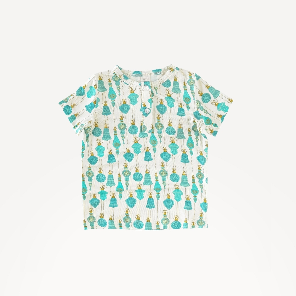 NWT 5Y Kate Quinn Short Sleeve Basic Henley Tee T-Shirt Aqua Vintage Ornaments